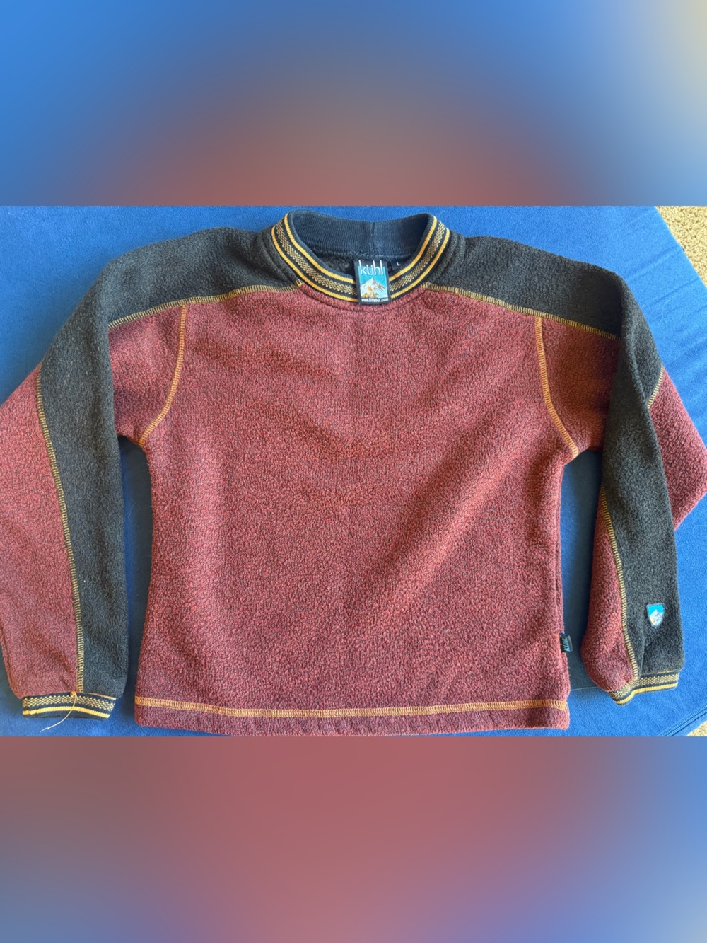 Kuhl Two-Tone Maroon and Charcoal Kids Crewneck Sweater with Yellow Stitching
